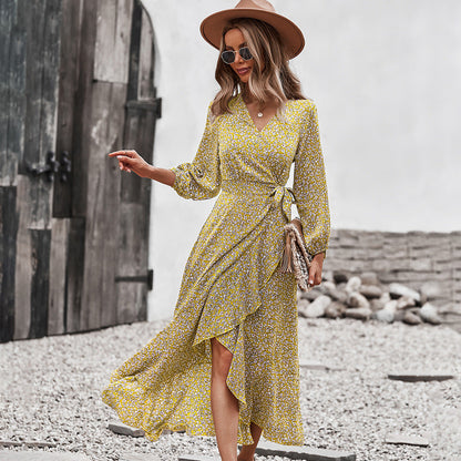 Autumn And Winter Floral Dress With Chest Wrap And Tie Large Swing Skirt Leisure Holiday Style