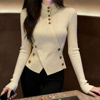 Autumn And Winter Retro Apricot Semi-high Neck Knitted Sweater Women's Fitted Base Shirt Long Sleeve Top