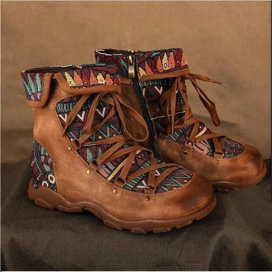 Ethnic Style Large Size Short Boots Women's Fashion Retro Side Zipper Round Head Autumn And Winter Fashion Nude Boots