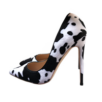 Tikicup Cow Print Women White Hairy Flock Pointy Toe High Heel Shoes Sexy Celebrity Ladies Slip On Stiletto Pumps for Party