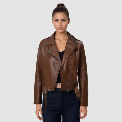 Lapel Short Belt Women's PU Simple Leather Jacket Motorcycle Jacket