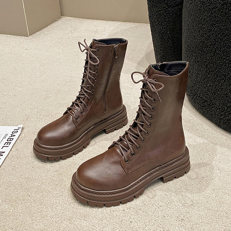 Autumn And Winter New Round Head Lace-up British Style Thick Bottom Mid-calf Martin Boots Women