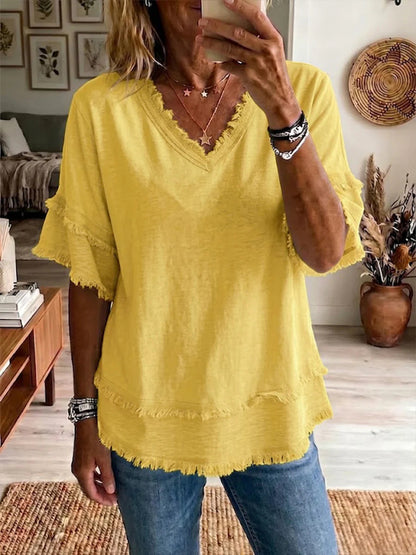 Casual Women's Shirt V-Neck Short Sleeve Loose Fit Pure Color Summer Fashion Trend Pullover Tops For Daily Wear