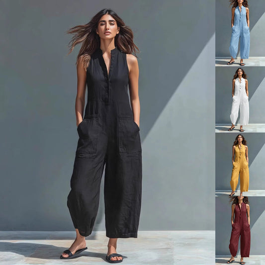 Summer Sleeveless Jumpsuit With Pockets Fashion Casual V-Neck Buttons Trousers Women's Overall Pants