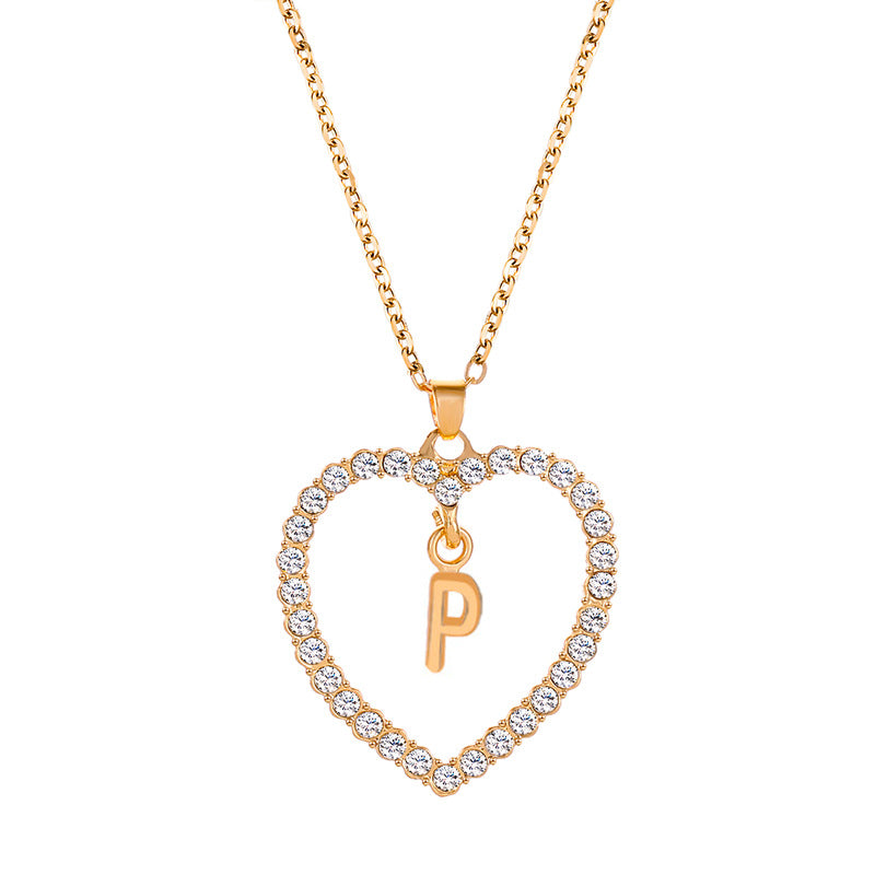 Womens Stylish & Minimalist Diamond-Encrusted 26-Letter Heart Pendant Necklace