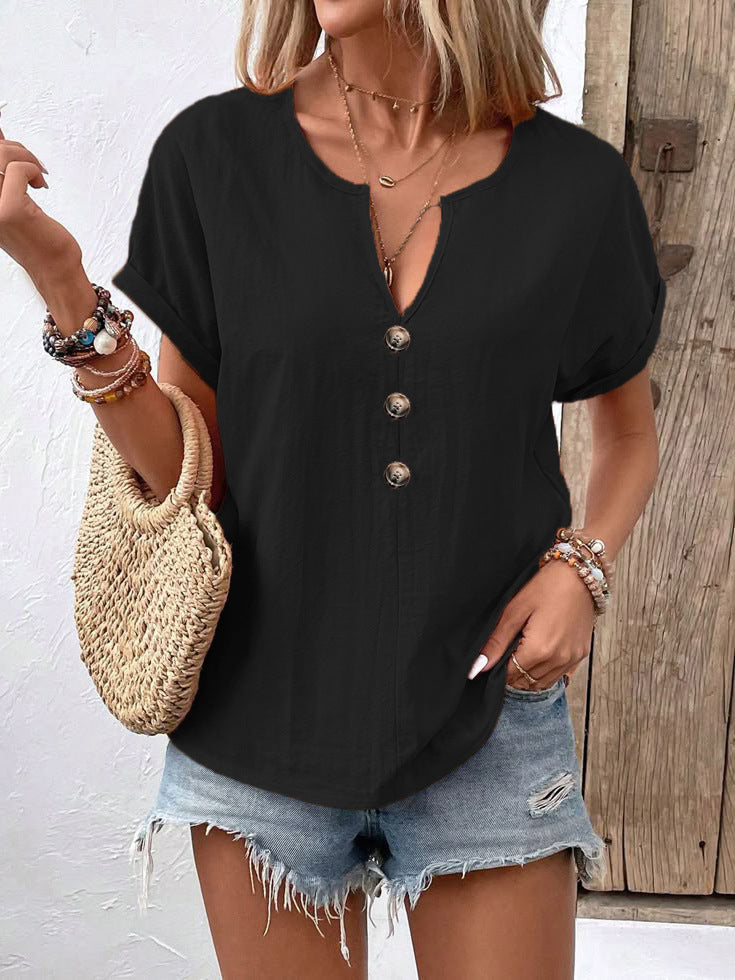 Women's Buttoned V-neck Short-sleeve T-shirt Top