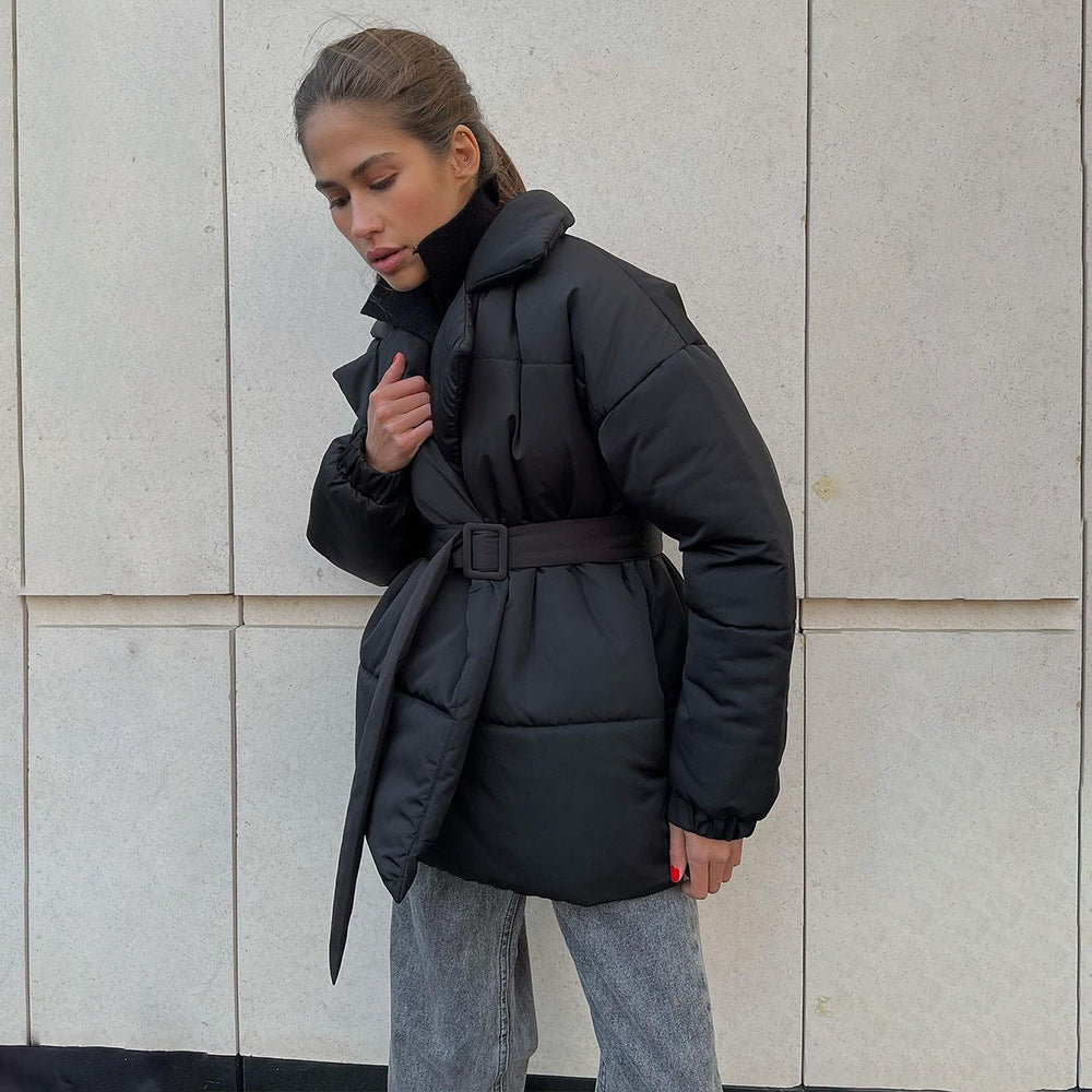 New Thickened Slimming Cinched Cotton-padded Coat Solid Color Belt Cotton Coat Jacket