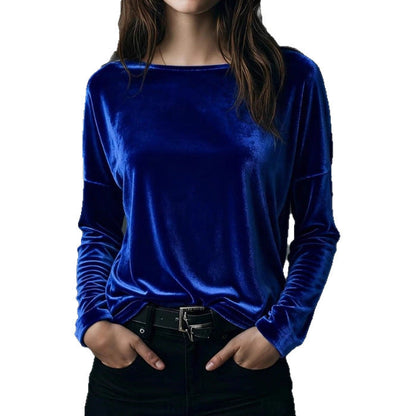 Female Solid Color Loose Fit Crew-neck Pullover Velvet T-shirt