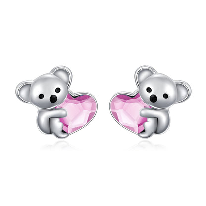 925 Sterling Silver Koala Bear Cute Animal Hypoallergenic Heart Crystal Earrings Jewellery