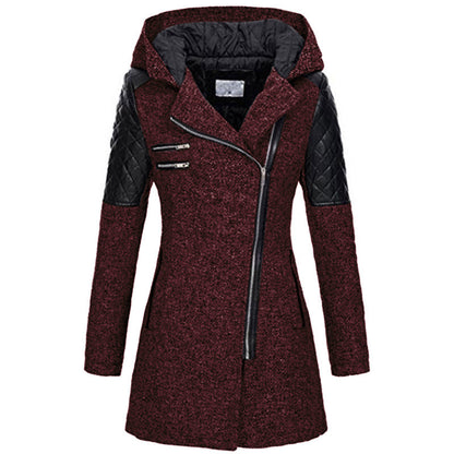 Women Warm Slim Full Zipper Coat Thick Woolen Coat Female Fall Winter Windbreaker Hooded Diagonal Zipper Women's Clothing