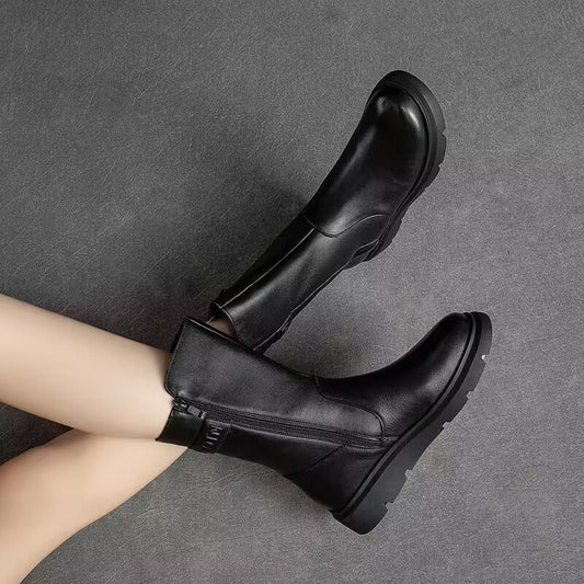 Round-toe Solid-color High-top Mid-calf Short Boots With Side Zipper