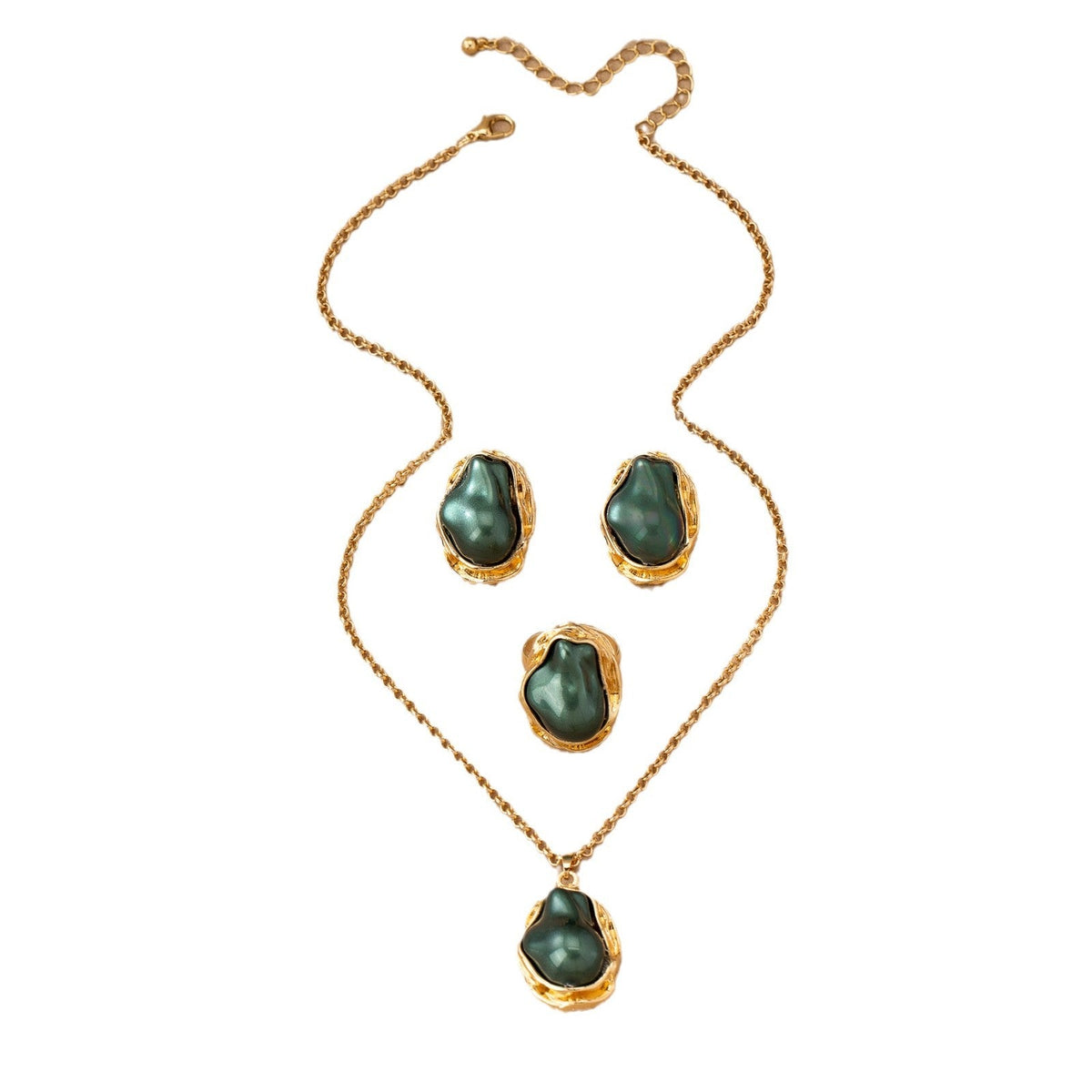 Retro Green Irregular Inlaid Imitation Pearl Necklace Ear Stud And Ring