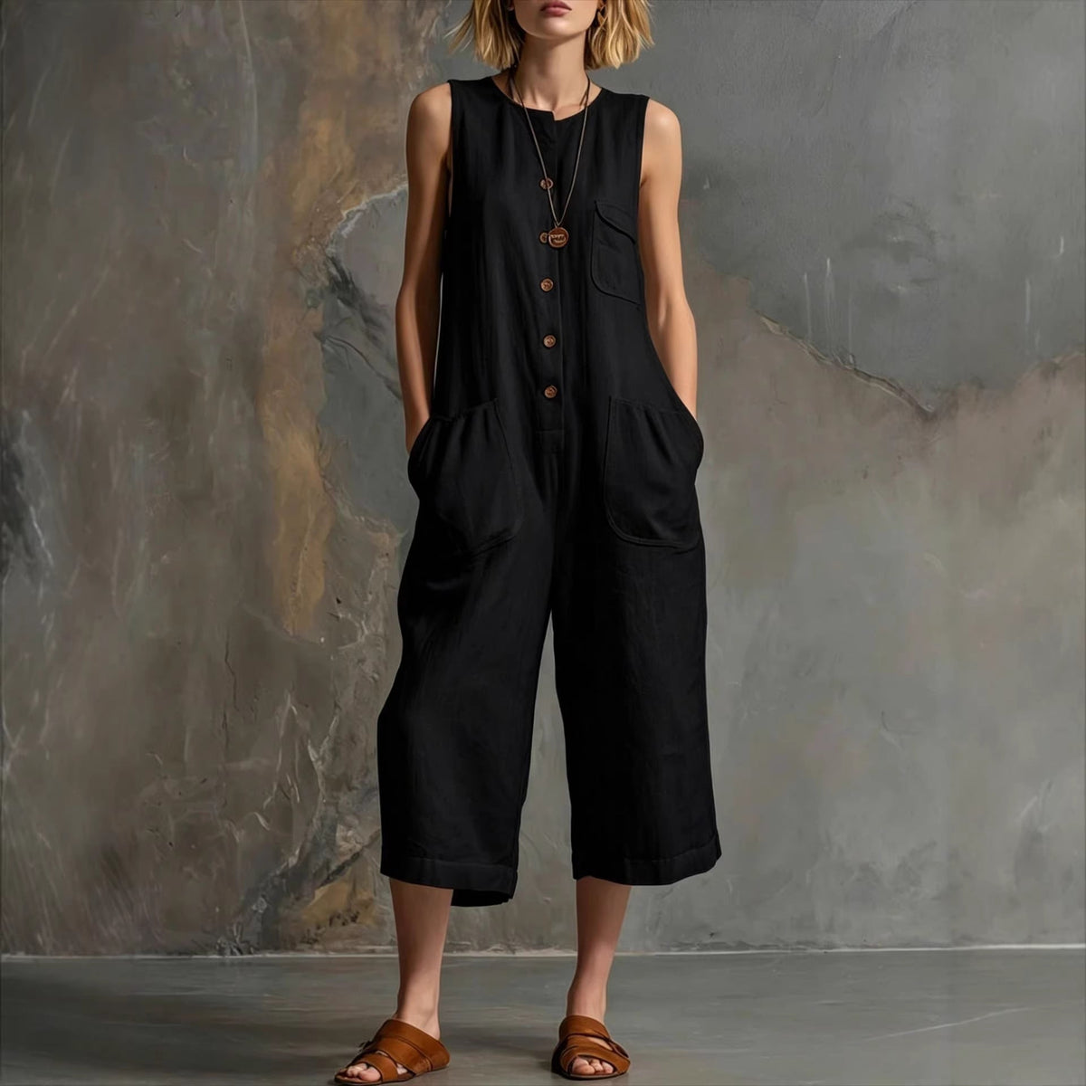 Retro Sleeveless Cotton-Linen Wide-Leg Cropped Jumpsuit