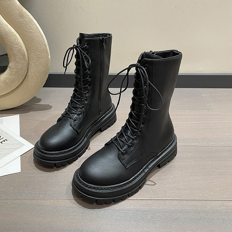 Autumn And Winter New Round Head Lace-up British Style Thick Bottom Mid-calf Martin Boots Women
