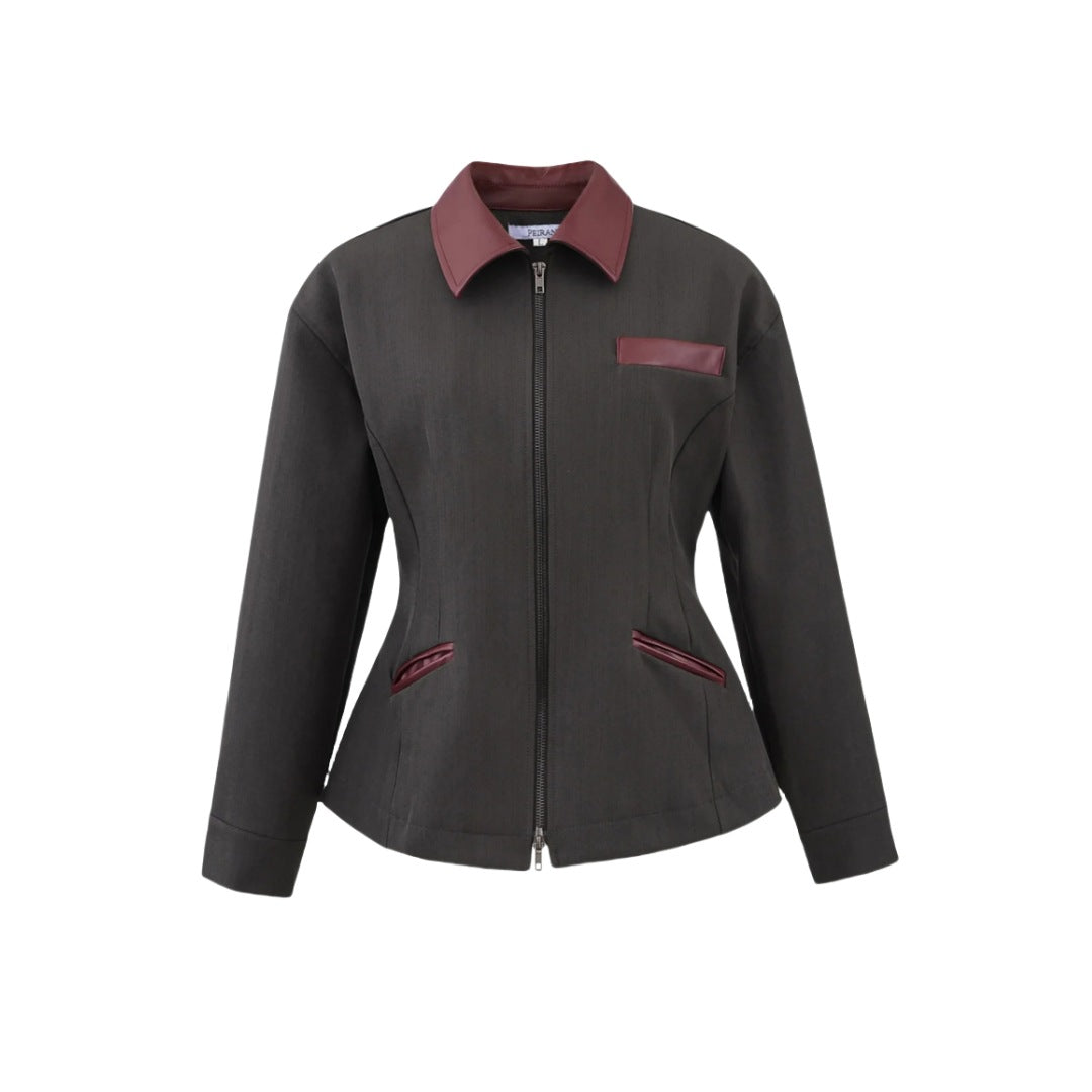 Retro Lapels Contrast Color Waist-tight Motorcycle Slim-fit Leather Coat Zipper Jacket
