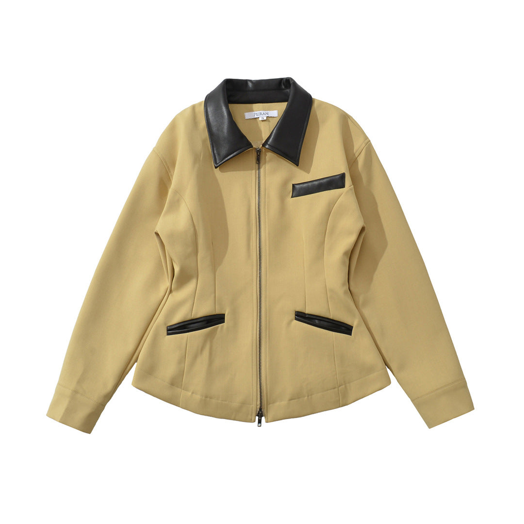 Retro Lapels Contrast Color Waist-tight Motorcycle Slim-fit Leather Coat Zipper Jacket