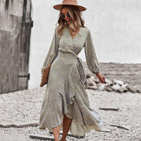 Autumn And Winter Floral Dress With Chest Wrap And Tie Large Swing Skirt Leisure Holiday Style