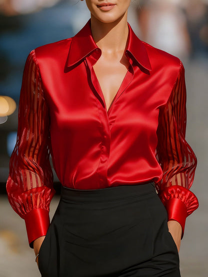 Solid Color Versatile Loose Satin Long Sleeve Shirt Women