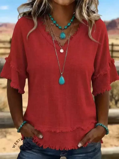 Casual Women's Shirt V-Neck Short Sleeve Loose Fit Pure Color Summer Fashion Trend Pullover Tops For Daily Wear
