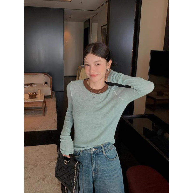 Women's Casual Round-Neck Color-Block Patchwork Top