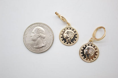 18K Gold Filled Coin Charm Dainty Dangle Hoop Dangle Earring (L336)