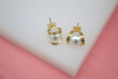 18K Gold Filled Pearl Stud Earrings With Golden Rings