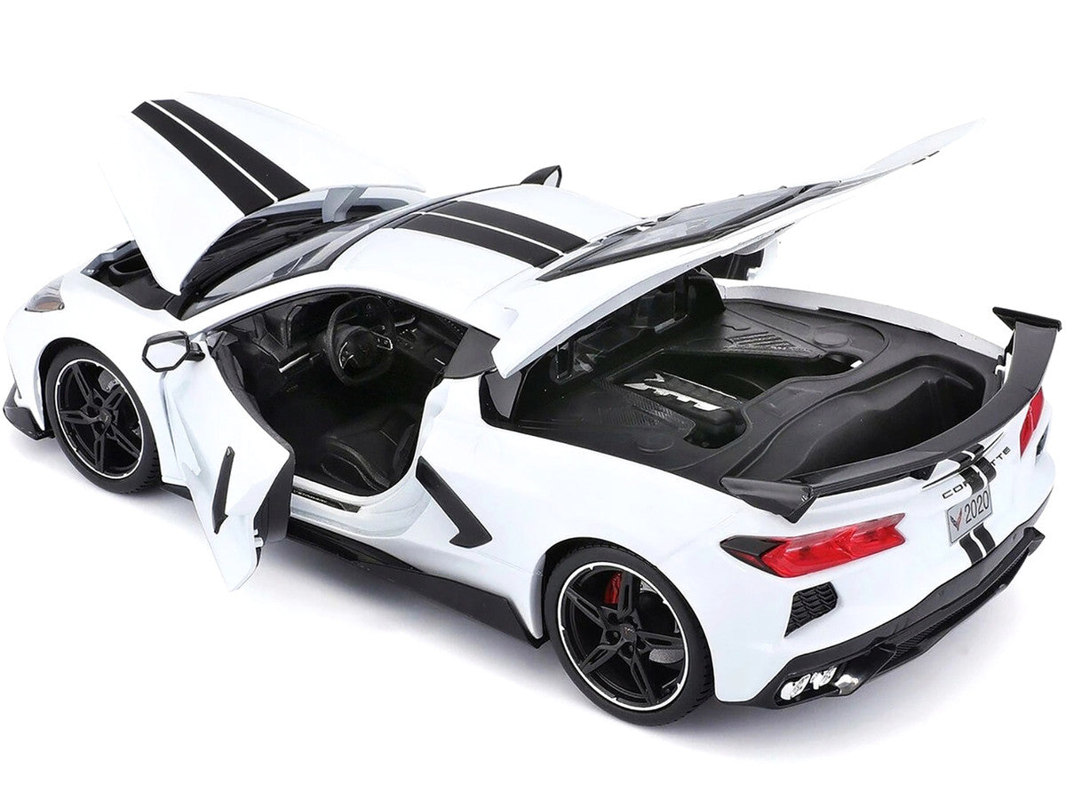 2020 Chevrolet Corvette Stingray C8 Coupe with High Wing White with Black Stripes 1/18 Diecast Model Car by Maisto