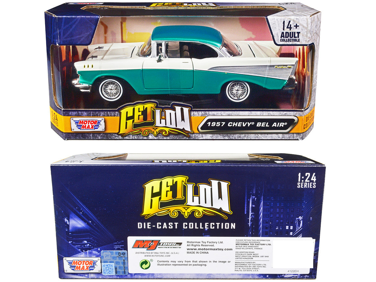 1957 Chevrolet Bel Air Lowrider Turquoise Metallic and White "Get Low" Series 1/24 Diecast Model Car by Motormax