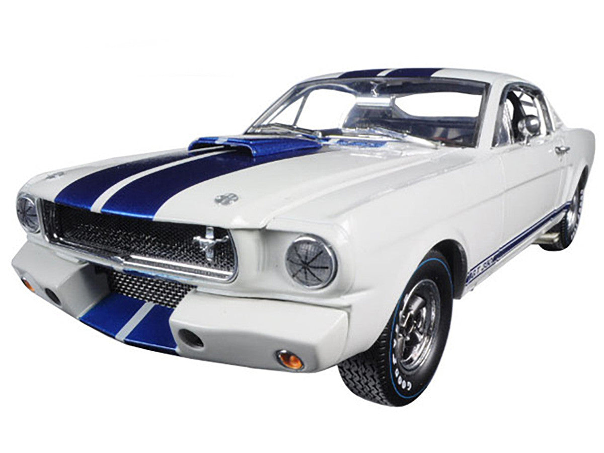 1965 Ford Mustang Shelby GT350R White with Blue Stripes and Printed Carroll Shelby's Signature on the Roof 1/18 Diecast Model Car by Shelby Collectibles