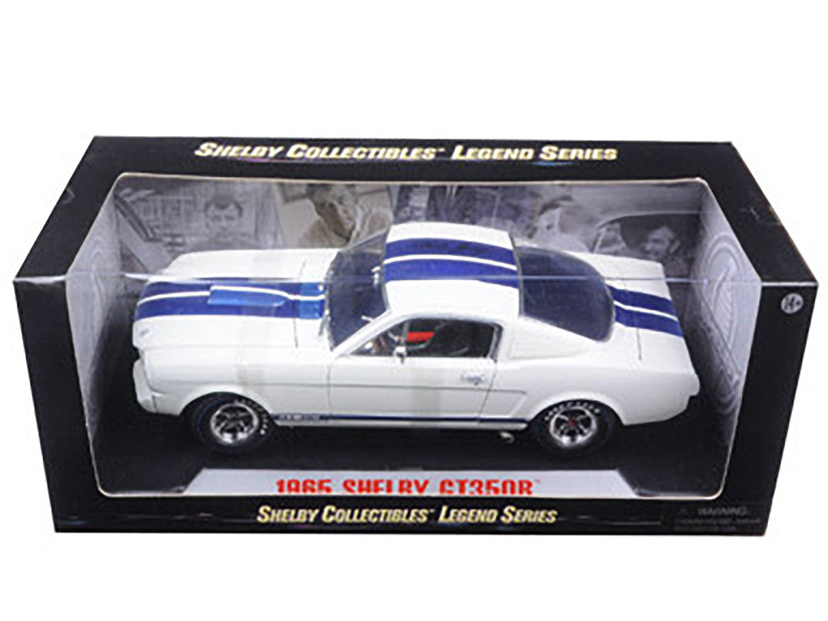 1965 Ford Mustang Shelby GT350R White with Blue Stripes and Printed Carroll Shelby's Signature on the Roof 1/18 Diecast Model Car by Shelby Collectibles