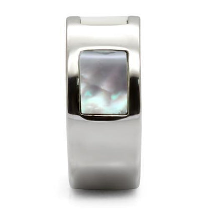 TK043 - High polished (no plating) Stainless Steel Ring with Precious Stone Conch in White