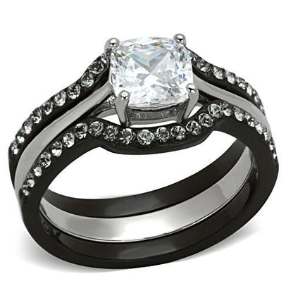 TK1343 - Two-Tone IP Black Stainless Steel Ring with AAA Grade CZ  in Clear