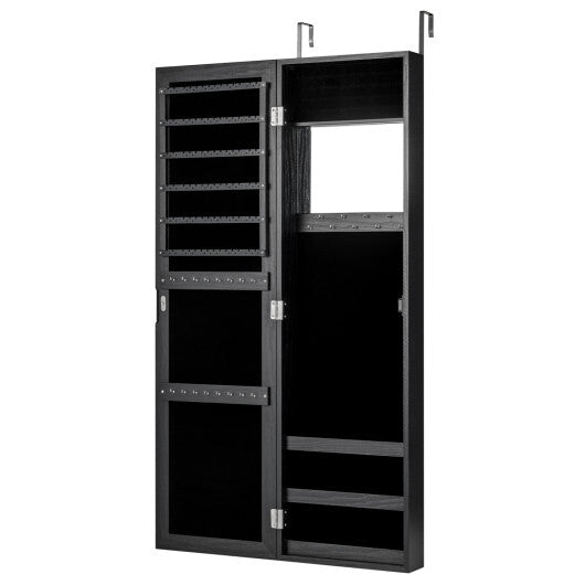 Full Length Mirror Jewelry Cabinet with Ring Slots and Necklace Hooks-Black
