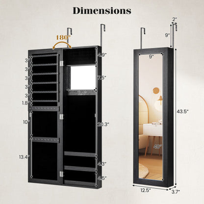Full Length Mirror Jewelry Cabinet with Ring Slots and Necklace Hooks-Black